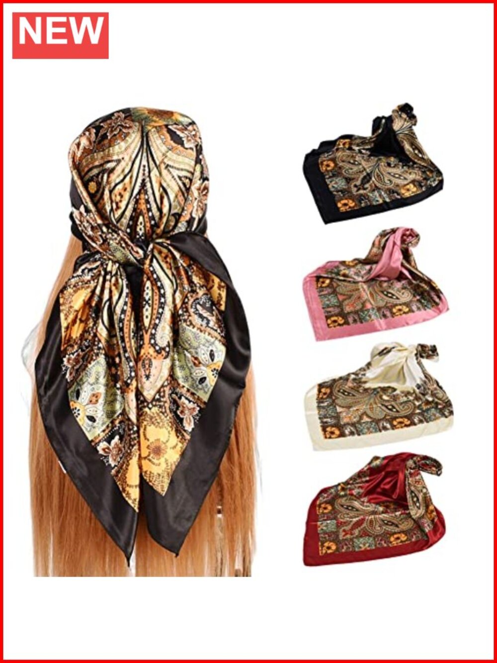 4 Silk-Like Square Scarves 35x35 inches for Women - Head Neck Scarf Shawl